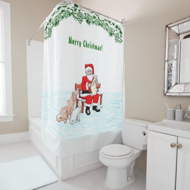 Merry Christmas! Santa Claus with Cat and Dog Shower Curtain (In Situ)