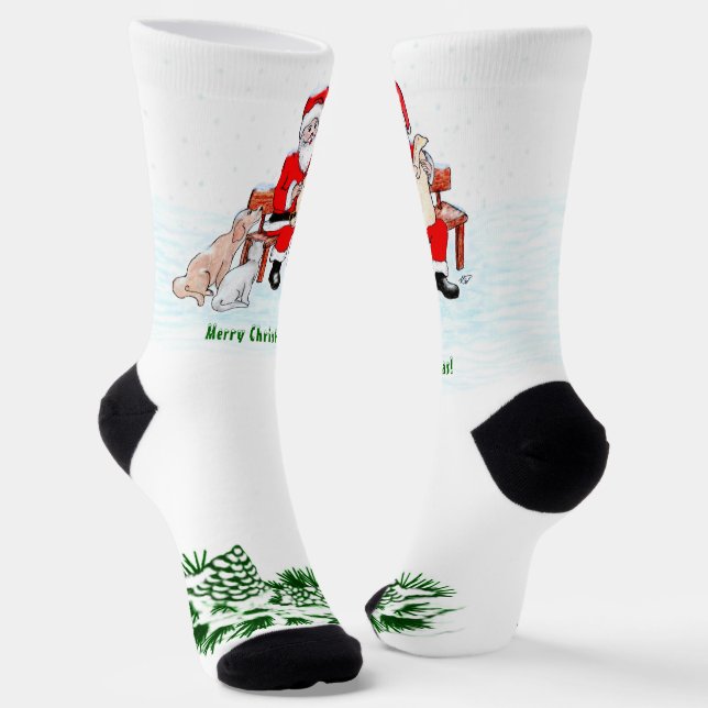 Merry Christmas! Santa Claus with Cat and Dog Socks (Angled)