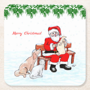 Merry Christmas - Santa Claus with Cat and Dog Square Paper Coaster