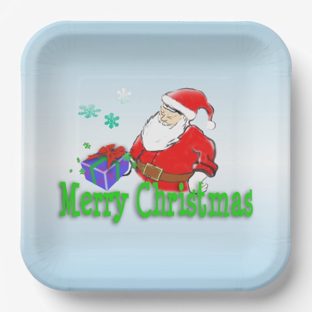 Merry Christmas Santa Claus with Gift  Paper Plate (Front)