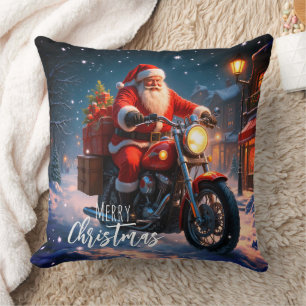 Merry Christmas Santa Clause On Motorcycle  Cushion