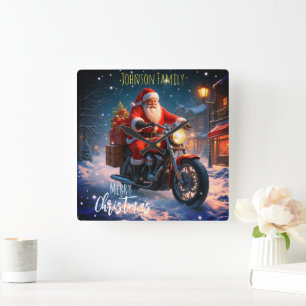 Merry Christmas Santa Clause On Motorcycle Square Wall Clock