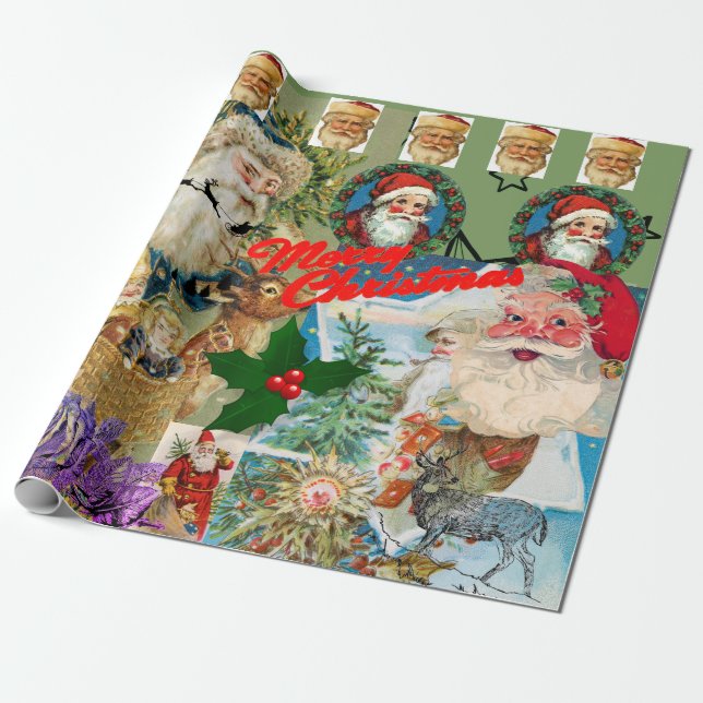 Merry Christmas Santa Collage Wrapping Paper (Unrolled)