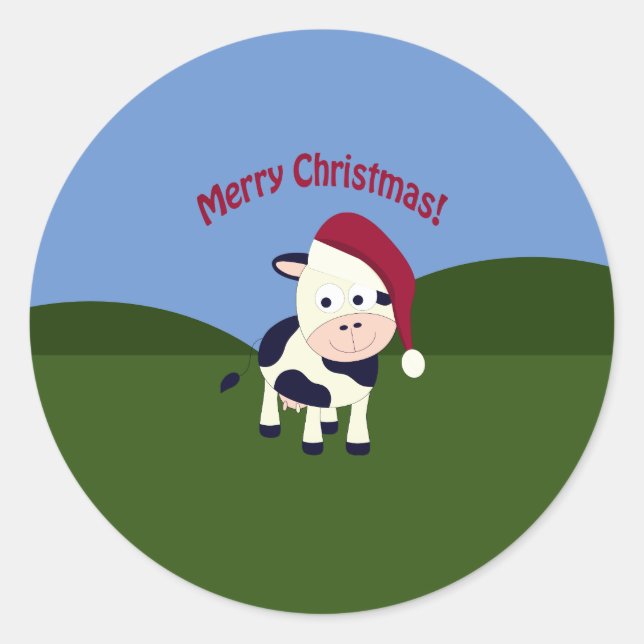 Merry Christmas Santa Cow Classic Round Sticker (Front)