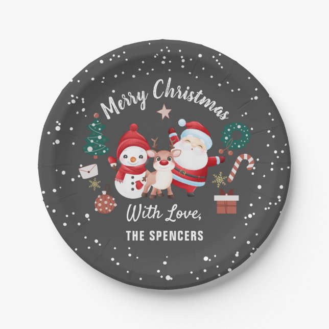 Merry Christmas Santa Deer Snowman Holiday Party Paper Plate (Front)