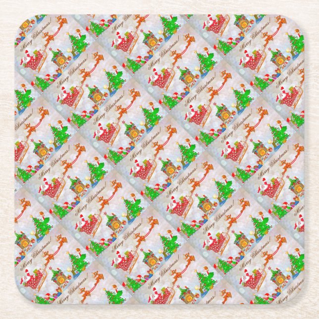 Merry Christmas Santa Delivering Gifts Square Paper Coaster (Front)