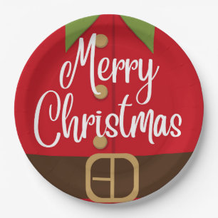 Merry Christmas Santa Elf Suit Paper Plate