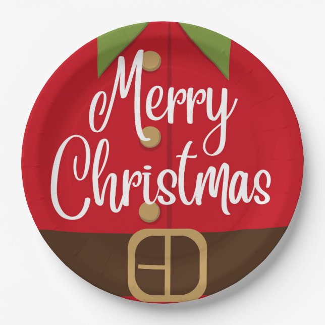 Merry Christmas Santa Elf Suit Paper Plate (Front)