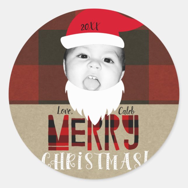 Merry Christmas Santa Face Cute Photo Holiday Classic Round Sticker (Front)