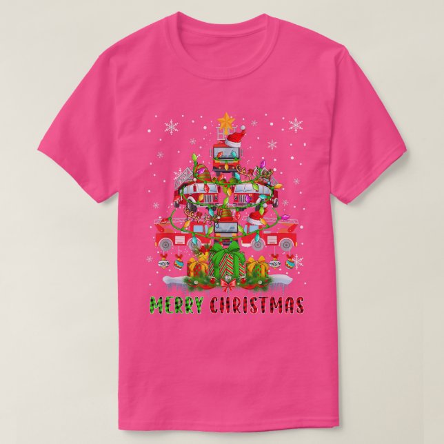 Merry Christmas Santa Fire Trucks Xmas Tree Light  T-Shirt (Design Front)