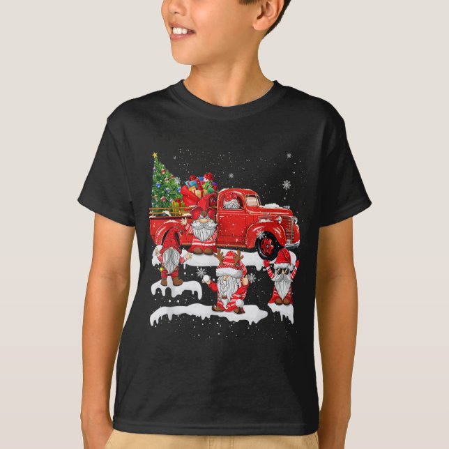 Merry Christmas Santa Gnome with Red Truck Gnomes T-Shirt (Front)