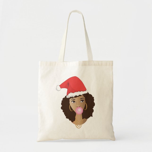 Merry Christmas Santa Hat, Black Woman, Bubblegum Tote Bag (Front)