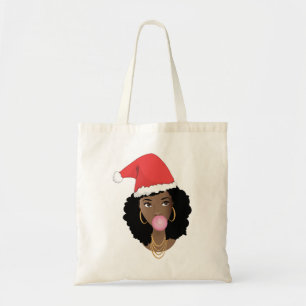 Merry Christmas Santa Hat, Black Woman, Bubblegum Tote Bag