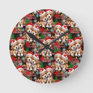 Merry Christmas Santa Hat Dog Puppy Design - Black Round Clock