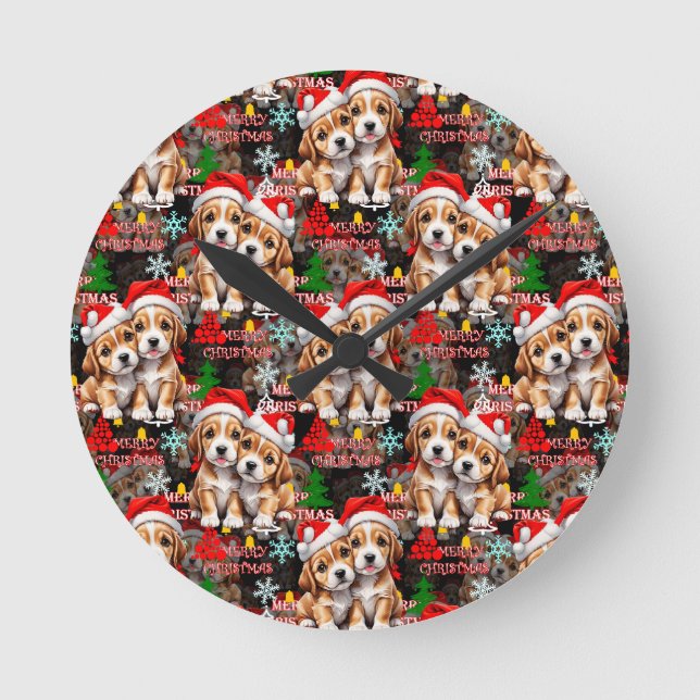 Merry Christmas Santa Hat Dog Puppy Design - Black Round Clock (Front)