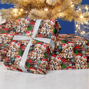 Merry Christmas Santa Hat Dog Puppy Design - Black Wrapping Paper