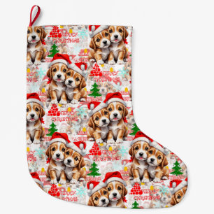 Merry Christmas Santa Hat Dog Puppy Design - White Large Christmas Stocking