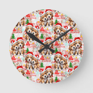 Merry Christmas Santa Hat Dog Puppy Design - White Round Clock