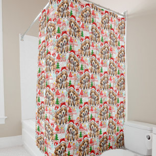 Merry Christmas Santa Hat Dog Puppy Design - White Shower Curtain