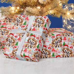 Merry Christmas Santa Hat Dog Puppy Design - White Wrapping Paper