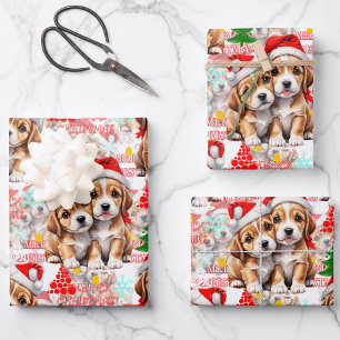 Merry Christmas Santa Hat Dog Puppy Design - White Wrapping Paper Sheet