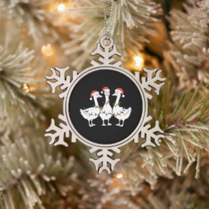 Merry Christmas Santa Hat Ducks Holiday Xmas Duck Snowflake Pewter Christmas Ornament