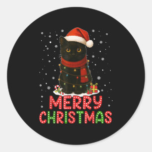 Merry Christmas Santa Hat Funny Black Cat Men Wome Classic Round Sticker