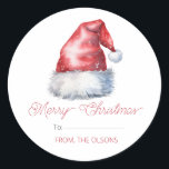 Merry Christmas Santa Hat Gift Tag Round Sticker<br><div class="desc">Merry Christmas Santa Hat Gift Tag Round Sticker. Merry Christmas gift tag round sticker. Easy to customise with family name.</div>