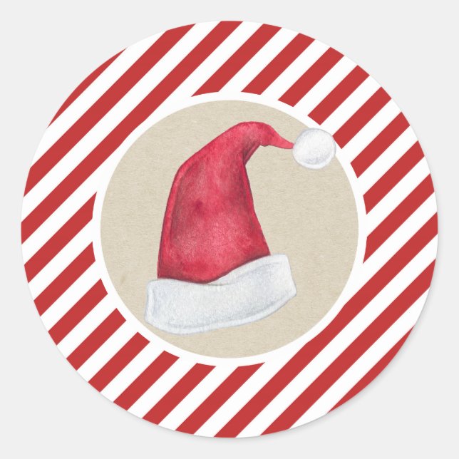 Merry Christmas Santa Hat Kraft Red White Stripes Classic Round Sticker (Front)