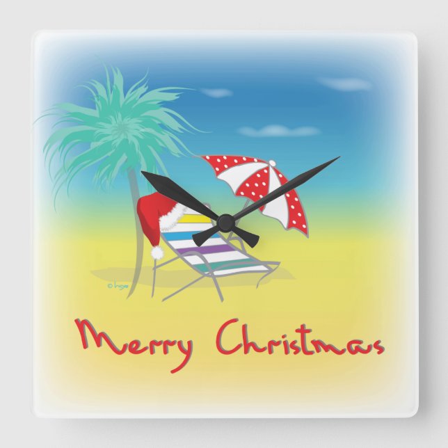 Merry Christmas, Santa Hat, Palm Tree, Beach Square Wall Clock (Front)