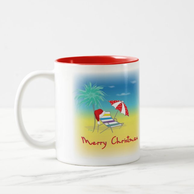 Merry Christmas, Santa Hat, Palm Tree, Beach Two-Tone Coffee Mug (Left)