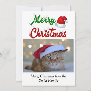 Merry Christmas Santa hat photo red green script Holiday Card