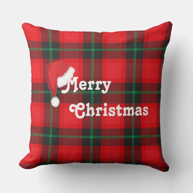 Merry Christmas Santa hat Plaid Tartan Pattern Cushion (Front)
