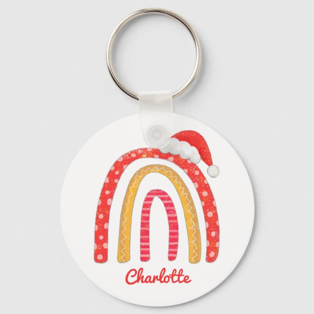 Merry Christmas Santa Hat Rainbow Personalised Key Ring (Front)