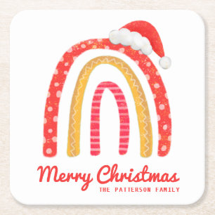 Merry Christmas Santa Hat Rainbow Personalised Square Paper Coaster