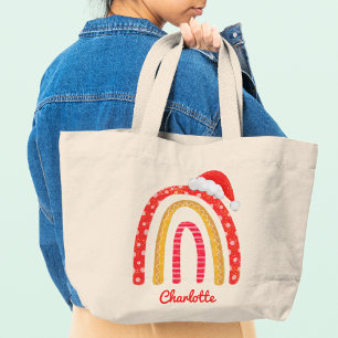 Merry Christmas Santa Hat Rainbow Personalised Tot Large Tote Bag