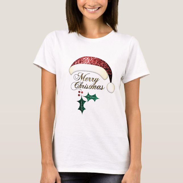 Merry Christmas Santa hat Red Gold Green Sparkles T-Shirt (Front)