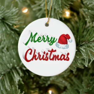 Merry Christmas Santa Hat red green script Ceramic Tree Decoration