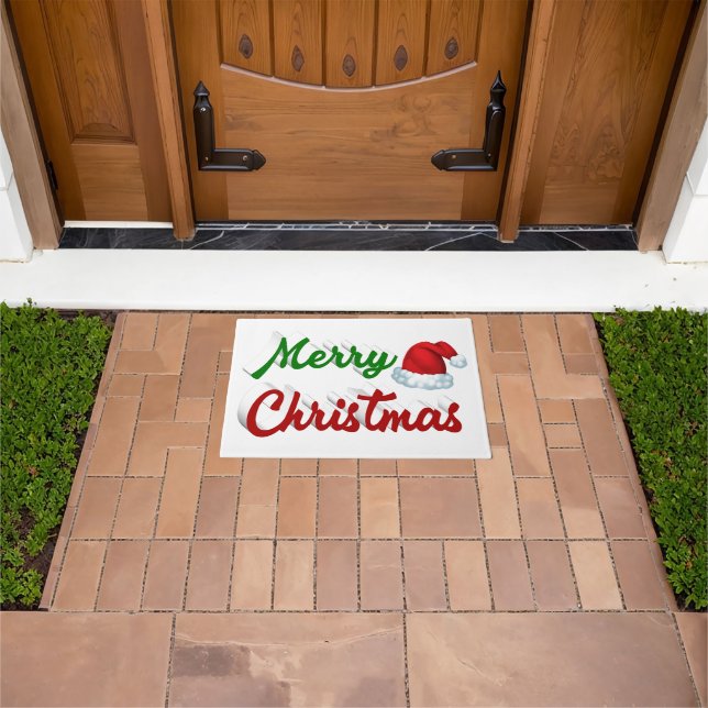 Merry Christmas Santa Hat red green script Doormat (Outdoor)