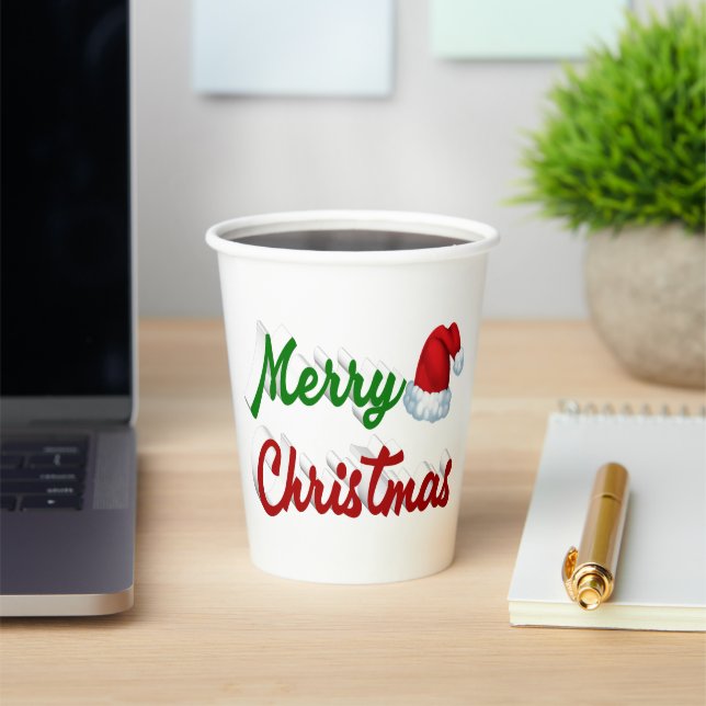 Merry Christmas Santa Hat red green script Paper Cups (Insitu)