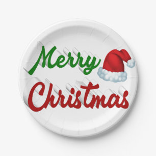 Merry Christmas Santa Hat red green script Paper Plate