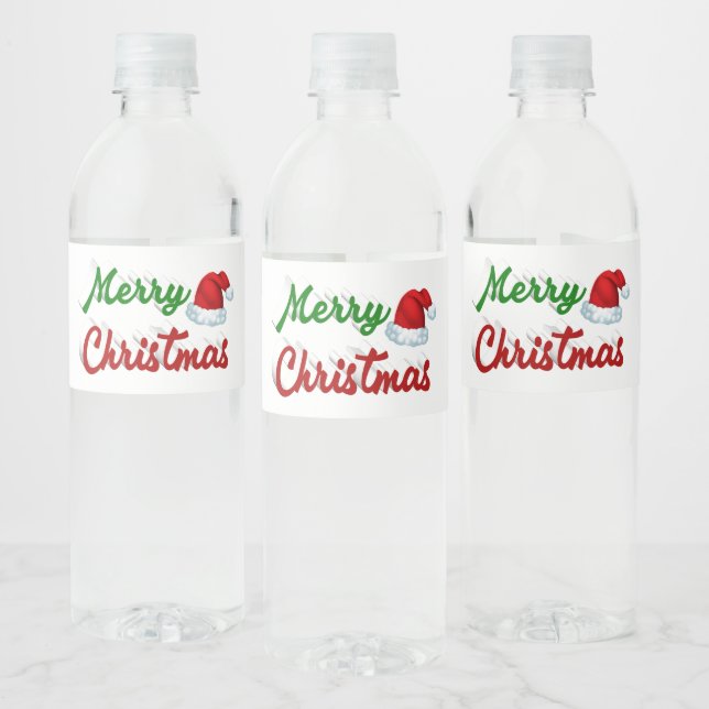 Merry Christmas Santa Hat red green script Water Bottle Label (Bottles)