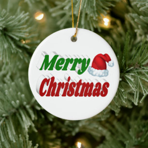 Merry Christmas Santa Hat red green typography Ceramic Tree Decoration