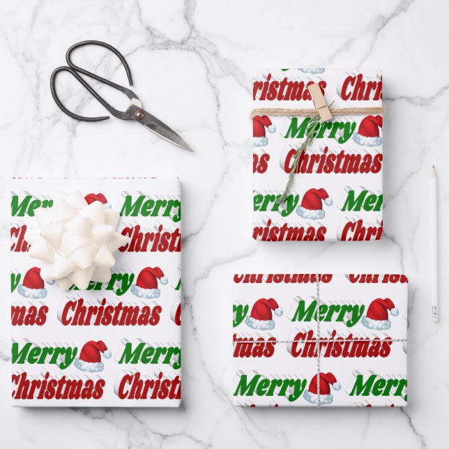 Merry Christmas Santa Hat red green typography Wrapping Paper Sheet (Front)