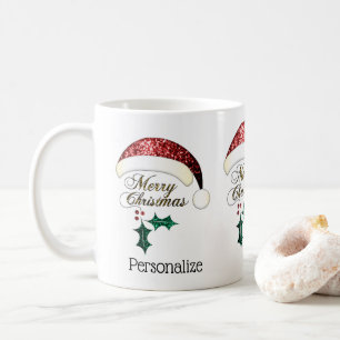 Merry Christmas Santa hat Sparkles Custom text Coffee Mug