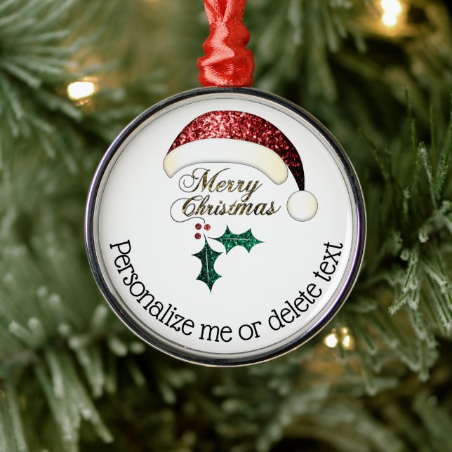 Merry Christmas Santa hat Sparkles Custom text Metal Tree Decoration (Tree)