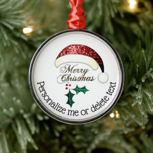 Merry Christmas Santa hat Sparkles Custom text Metal Tree Decoration