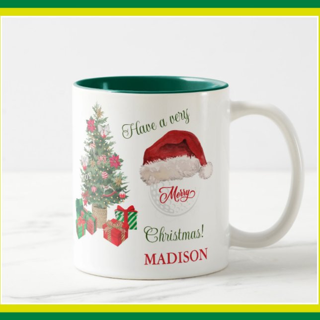Merry Christmas Santa Hat Tree Golf Ball Name  Two-Tone Coffee Mug (Creator Uploaded)