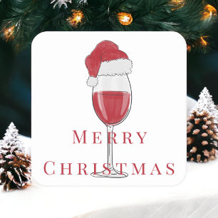 Merry Christmas Santa Hat Wine Glass Holiday Party Square Paper Coaster