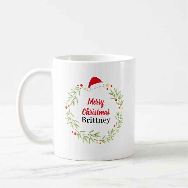 Merry Christmas Santa Hat Wreath Personalised Coffee Mug (Left)